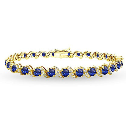 B. BRILLIANT Sterling Silver Genuine, Created or Simulated Gemstone Round S Design Tennis Bracelet for Women - color: Created Blue Sapphire - Gold Flash