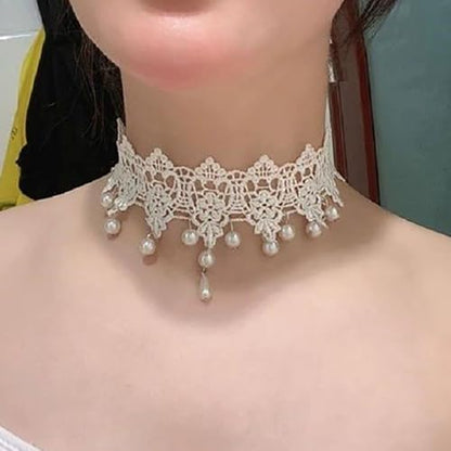 Wide Black Lace Choker Necklace Gothic Lace Pearl Tassel Necklace Short Hollow Flower Tattoo Necklaces Waterdrop Rhinestone Necklaces Halloween Wedding Party Jewelry - style: Style4