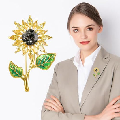 Sunflower Brooch with Natural Citrine for Women, 18k Gold Plated 925 Sterling Silver Sunflower Pins for Clothes, Yellow Sunshine Flower Brooches Jewelry - style: Style 2