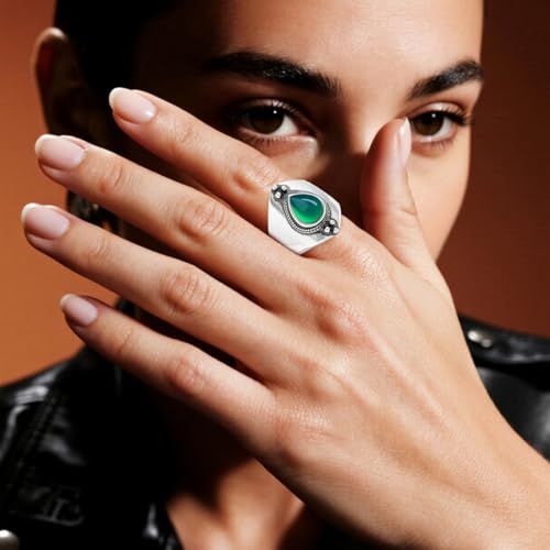 Natural Waterdrop Stone Wide Band Ring,Sterling Silver Genuine Teardrop Crystal Quartz Gemstone Statement Wide Chunky Full Finger Band Ring for Women - color: A04_Green Agate