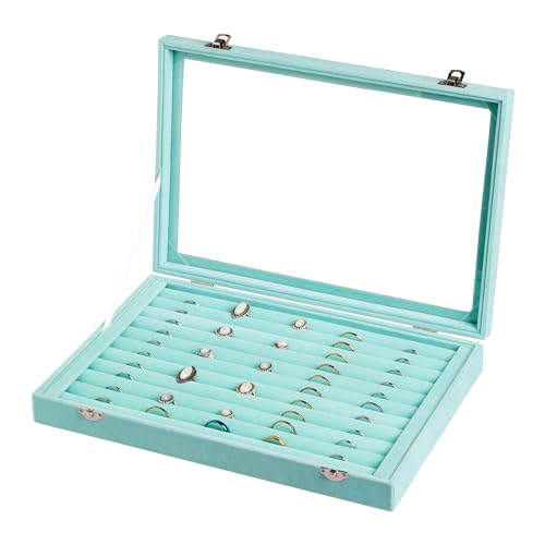 Frebeauty 10 Slots Ring Organizer Tray,Velvet Ring Box with Clear Lid | Velvet Lining,Fits Various Rings and Stud,Glass Lid,Dustproof Design,for Personal Use and Jewelry Display,for Women Girls - color: Turquoise, size: 10 Slots