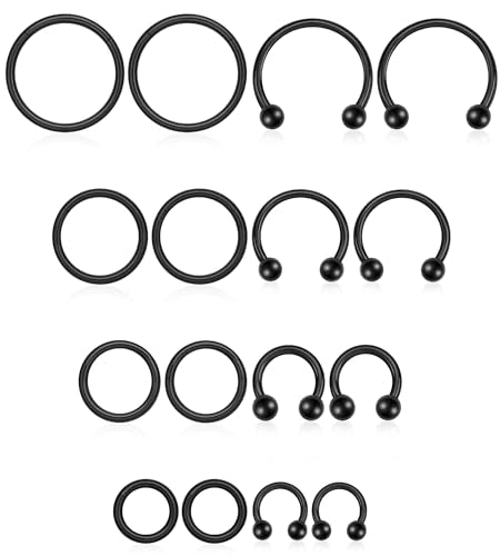 16PCS Surgical Stainless Steel Hinged Clicker Segment Horseshoe Septum Lip Eyebrow Rings 16G Nose Ring Hoop Cartilage Helix Conch Tragus Rook Daith Earrings Piercing Jewelry for Women Men 6mm 8mm 10mm 12mm - color: Black Tone