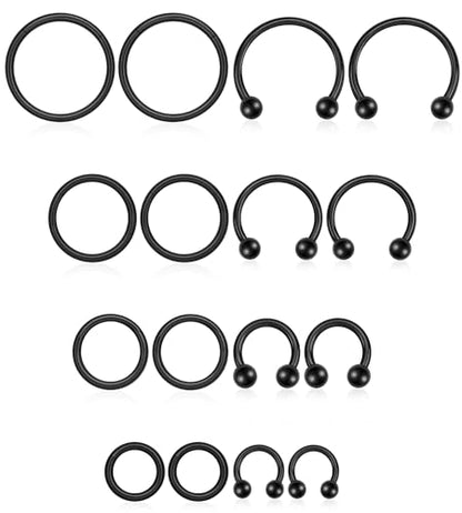 16PCS Surgical Stainless Steel Hinged Clicker Segment Horseshoe Septum Lip Eyebrow Rings 16G Nose Ring Hoop Cartilage Helix Conch Tragus Rook Daith Earrings Piercing Jewelry for Women Men 6mm 8mm 10mm 12mm - color: Black Tone