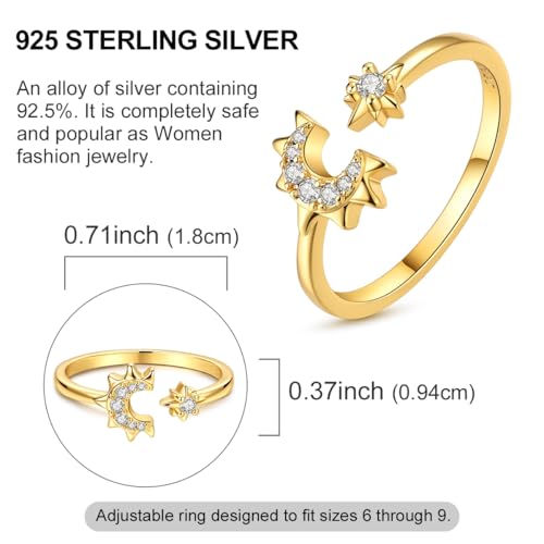 925 Sterling Silver Adjustable Rings for Women 14K Gold Plated Thumb Rings | Stackable Statement Eternity Rings Dainty Starfish Star Moon Heart Lucky Open Ring Trendy Jewelry Birthday Gifts for Ladies - color: Gold Star Moon Ring