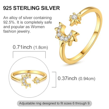 925 Sterling Silver Adjustable Rings for Women 14K Gold Plated Thumb Rings | Stackable Statement Eternity Rings Dainty Starfish Star Moon Heart Lucky Open Ring Trendy Jewelry Birthday Gifts for Ladies - color: Gold Star Moon Ring