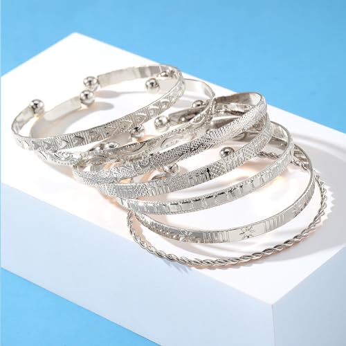 IFKM Gold Bangle Bracelets For Women, 14k Gold Plated Multi Layer Stackable Cuff Bracelet Set, Trendy Elegance Charms Non Tarnish Minimalist Textured Boho Jewelry Gift for Women - style: 7pcs Hexawn star twist silver