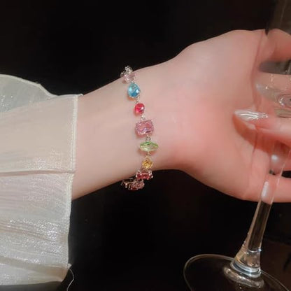 Silver Plated Rainbow Crystal Necklace, Sparkly Cubic Zirconia Rhinestone Multicolor Chain Choker Bracelet Earring Jewelry Set - style: Bracelet