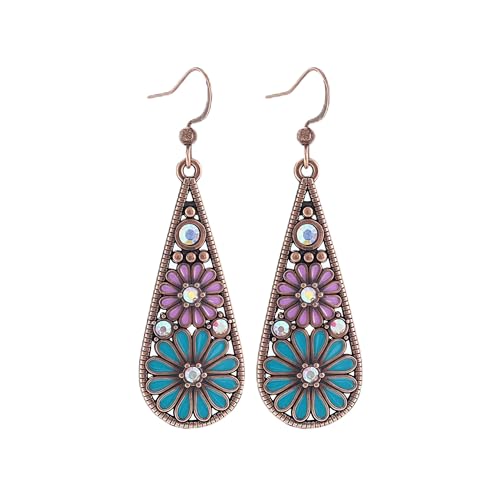 Bohemian Crystal Teardrop Dangle Earrings, Copper, Tribal Geometric Design, Handmade National Style for Women - color: Blue