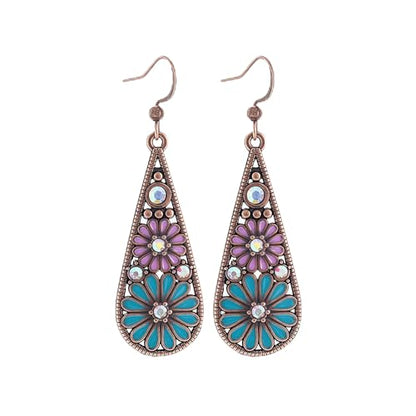 Bohemian Crystal Teardrop Dangle Earrings, Copper, Tribal Geometric Design, Handmade National Style for Women - color: Blue