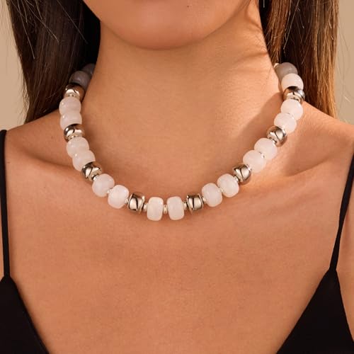 Resin Chunky Colorful Beaded Necklace | Adjustable Boho Statement Necklace,Summer Beach Party Jewelry - color: White