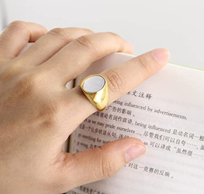MYNENEY Stainless Steel Round Shape Classical Simple Plain Wedding Engagement Statement Pinky Band Signet Rings for Men Women Size 4-15 - color: Gold+White
