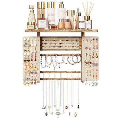Emfogo Jewelry Organizer Hanging Wall Mounted Jewelry Holder, 5-in-1 Large Capacity Necklace Organizer Display for Ring, Necklaces, Bracelets, Earrings (Rustic Wood) - color: Rustic Wood