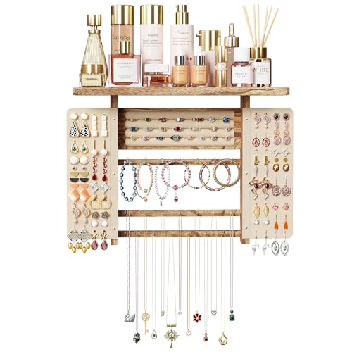 Emfogo Jewelry Organizer Hanging Wall Mounted Jewelry Holder, 5-in-1 Large Capacity Necklace Organizer Display for Ring, Necklaces, Bracelets, Earrings (Rustic Wood) - color: Rustic Wood