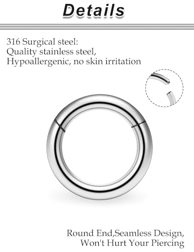 20G-2G Surgical Steel Hinged Clicker Septum Nose Rings Gauges Earrings Seamless Hoops Eyebrow Lip Ring Cliker Helix Tragus Daith Rook Earrings for Women Men - color: Silver, size: 8G(3mm)-12/14/16/19mm