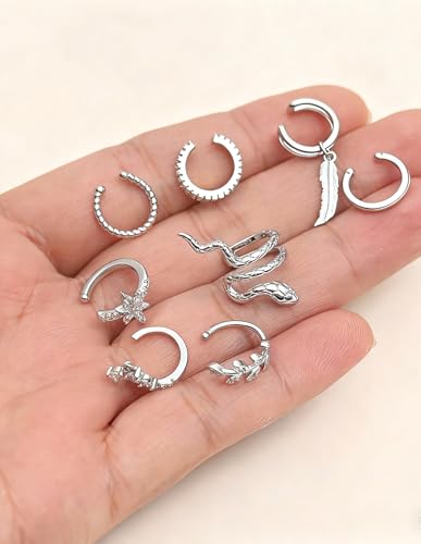 16 Pcs Ear Cuff Earrings for Women Non Piercing Gold Silver Plated Ear Cuffs Non Pierced Snake Leaf CZ Star Feather Waterdrop Chain Ears Cuff Wrap Earring Clip on Cartilage Helix Fake Earrings Lightweight Adjustable - color: Silver
