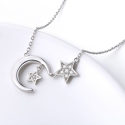 Ladytree 925 Sterling Silver Jewelry Crescent Moon and Star Pendant Necklace - style: Two Stars