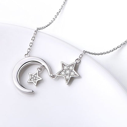 Ladytree 925 Sterling Silver Jewelry Crescent Moon and Star Pendant Necklace - style: Two Stars