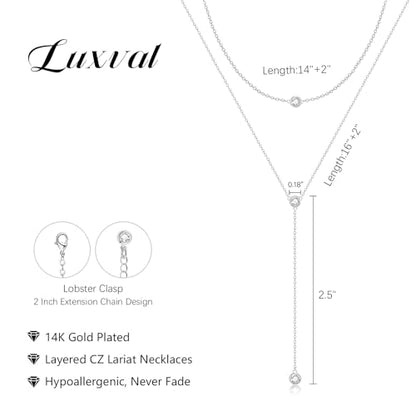 Luxval Lariat Gold Necklace for Women, Dainty Long Necklace 14k Gold Plated/Silver Y-Shaped Pendant Necklaces Trendy Beaded Chain Drop Necklaces Jewelry for Women Gifts - color: Silver-Y Layered CZ Necklace