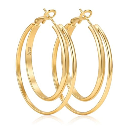 LOUMILEO 14k Gold Plated 925 Sterling Silver Post Double Hoop Earrings Hypoallergenic Lightweight Thin Large Hoop Earrings for Women 25/30/40/50/60mm - color: gold-25mm
