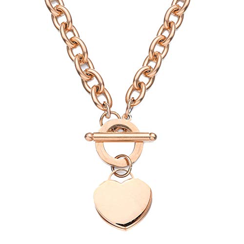 WangGao Elegent Love Stainless Steel Link Chain Blank Heart Charms Necklace for Women Toggle Clasp Closure - color: Rose Gold, size: 23.5inches