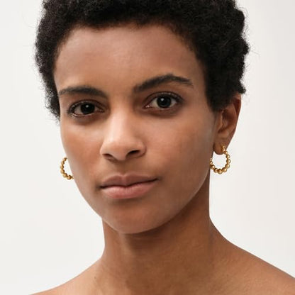 MEVECCO Chunky Huggie Hoop Earrings for Women Starburst Beaded Styles | 18K Gold Plated Brass, Triple Or Single Cubic Zirconia Star Details, Graduated Rounded Profile, Front Stone Row - style: Beaded Hoop GD