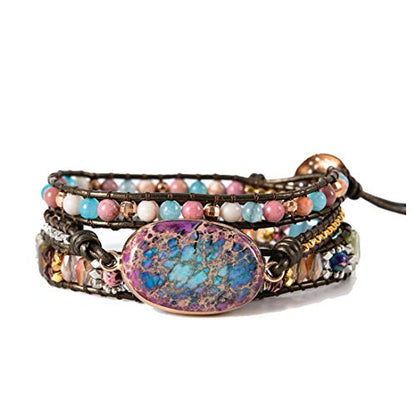 YGLINE Boho Handmade Natural Stone Wrap Bracelets Jasper Crystal Beads Bracelet Jewelry - color: jasper 1-3 wrap