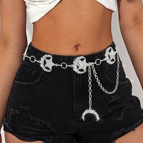 Rhinestone Moon Chain Belt Sparkly Star Waist Chain Adjustable Body Jewley for Women Dress Belt Accessory - style: Silver moon star A
