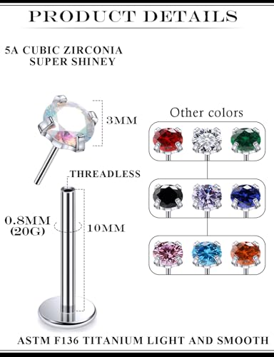 20G 18G 16G Astm F136 Titanium Threadless Flat Back Earrings Nose Studs Tragus Helix Conch Cartilage Lobe Earrings Medusa Labret Snake Bite Monroe Lip Ring Piercing Jewelry For Women Men - size: 20G-10MM Bar-CZ 3MM