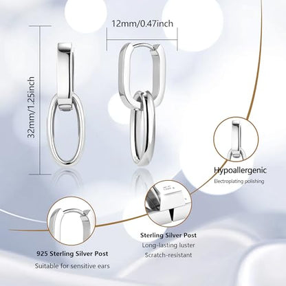 Silver Dangle Double Hoop Earrings For Women Paperclip Link Earring | Drop Small Silver Earrings Square Huggie Paperclip Dangly Hoop Silver Hoops Earrings Jewelry - color: Silver
