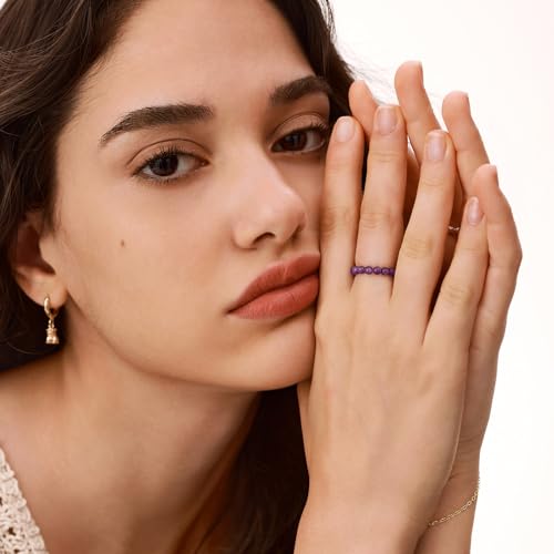 NLIEO Handmade Natural Gemstone Crystal Beaded Stretch Band Ring for Women | Handmade, 3mm Natural Stone, Size 7-12, Stretchy, Beaded Jewelry, Green Bead Rings, Trendy Jewelry Gift - style: Amethyst