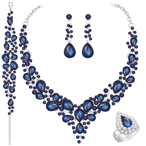 Paxuan Crystal Bridal Wedding Jewelry Sets for Women Rhinestone Teardrop Crystal Statement Choker Necklace Drop Earrings Link Bracelets Rings Teardrop Jewelry Set for Brides Bridesmaids - color: Silver Plated Sapphire Blue Crystal