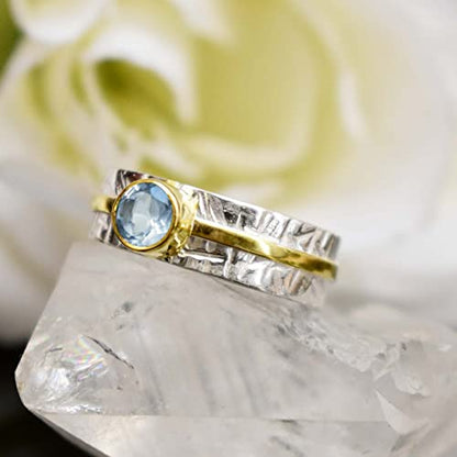 Stunning Blue Topaz Ring Hammered Two Tone Band Ring for Women & Girls Thumb Band Ring In Sterling Silver Gemstone Ring Wedding Promise Best Gift Band Ring Stackable Topaz Ring