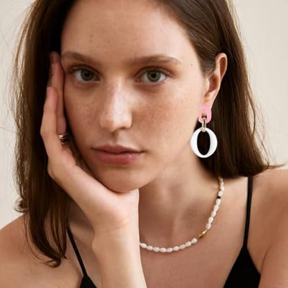 Geometric Square Earrings for Women Lightweight Colorful Color Block Acrylic Chunky Geometric Rectangle Oval Link Chain Statement Earring - style: White Pink -O
