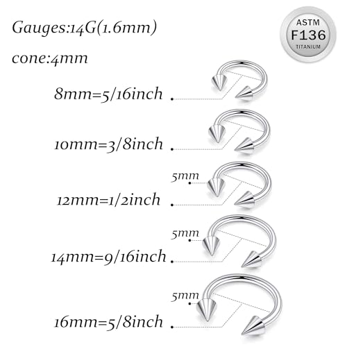 Ruifan 20G 18G 16G 14G 12G Horseshoe Nose Ring Titanium Septum Rings Piercing Jewelry Cartilage Conch Helix Rook Lip Tragus Earring Hoop Eyebrow Retainer For Women Men 6mm 8mm 10mm 12mm 14mm 16mm 19mm - size: Spike: 14G - 8MM