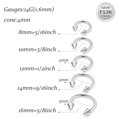 Ruifan 20G 18G 16G 14G 12G Horseshoe Nose Ring Titanium Septum Rings Piercing Jewelry Cartilage Conch Helix Rook Lip Tragus Earring Hoop Eyebrow Retainer For Women Men 6mm 8mm 10mm 12mm 14mm 16mm 19mm - size: Spike: 14G - 14MM