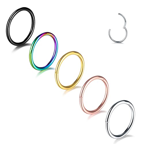 Aumeo 14G 16G 18G 20G Nose Ring Hoop Stainless Steel Hinged Segment Rings Hoops Nose Clicker Ring Tragus Helix Cartilage Daith Rook Earring Piercing Jewelry for Women Men - style: 5pcs 18g 9mm Mixed Colors