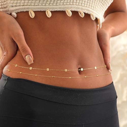 Body Chain for Women 14K Gold Plated Waist Beads Chain Gold Belly Belt Cuban Layered Body Chains Waterproof Adjustable Sexy Bikini Beach Body Jewelry Daily Belts Gifts for Women 26.5-33Inch - style: Bead+Sequin -GD