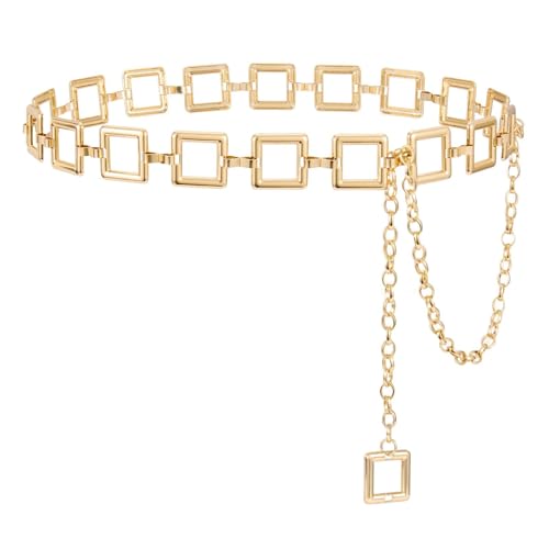 WHIPPY Metal Waist Chain Belt Women Adjustable Body Link Belts Ladies Fashion Chain for Jeans Dress - color: Gold, size: S: Fit for Waist up to 28", style: Square