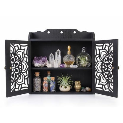 Trinket Shelf, Crystral Shelf Display, Gothic Room Decor, Rock Display Case | Witchy Shelf with Doors, Crystal Display Shelf, Storage Cabinet with Carved Door, Essential Oil Organizer & Stone Holder