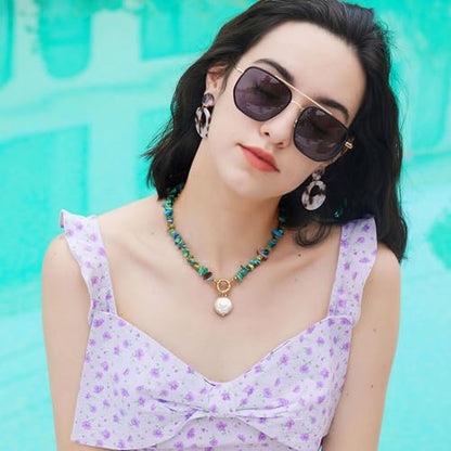 Aobei Pearl 18K Gold Plated Pendant Necklace for Women Dainty Gold Chain Choker Love Heart Disc Coin Pearl Cross Toggle Jewelry - style: Colorful Turquoise Coin Pearl