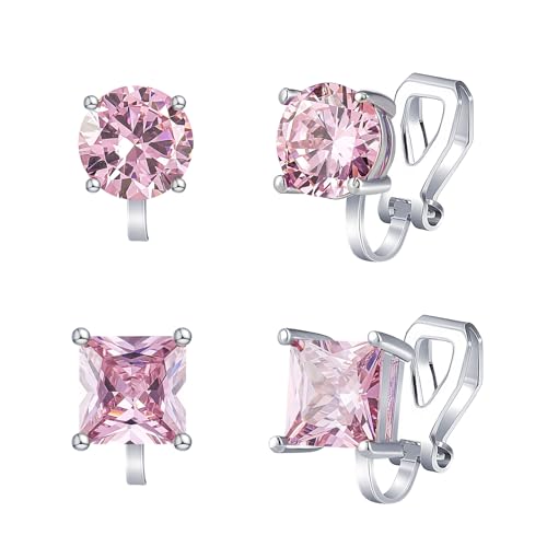 YOQUCOL 2 Pairs 8MM Cubic Zirconia Crystal Clip On Stud Earrings Non Pierced Stud Earrings For Women - color: Pink