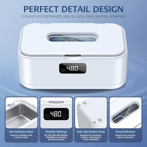 Ultrasonic Jewelry Cleaner, 50Khz Jewelry Cleaner Ultrasonic Machine for Jewelry, Eyeglasses, Rings, Watch Strap, Dentures, 24oz - 304 Stainless Steel Tank, Digital Timer - color: White