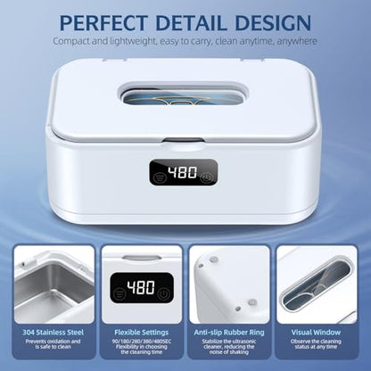 Ultrasonic Jewelry Cleaner, 50Khz Jewelry Cleaner Ultrasonic Machine for Jewelry, Eyeglasses, Rings, Watch Strap, Dentures, 24oz - 304 Stainless Steel Tank, Digital Timer - color: White