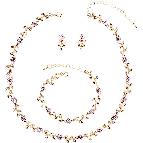 Austrian Crystal Rhinestone Choker Necklace Dangle Earring Link Bracelet Jewelry Set for Brides Bridesmaid Prom Costume Accessories for Women - color: En001-Violet-Gold Plated