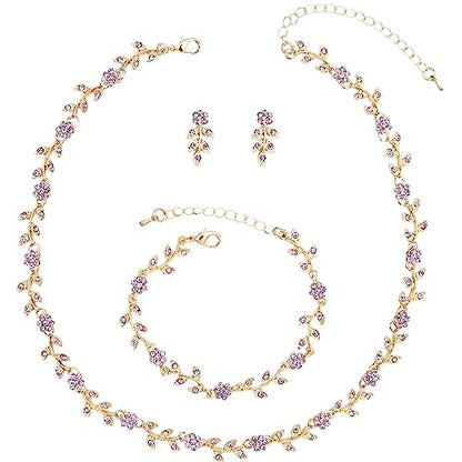 Austrian Crystal Rhinestone Choker Necklace Dangle Earring Link Bracelet Jewelry Set for Brides Bridesmaid Prom Costume Accessories for Women - color: En001-Violet-Gold Plated