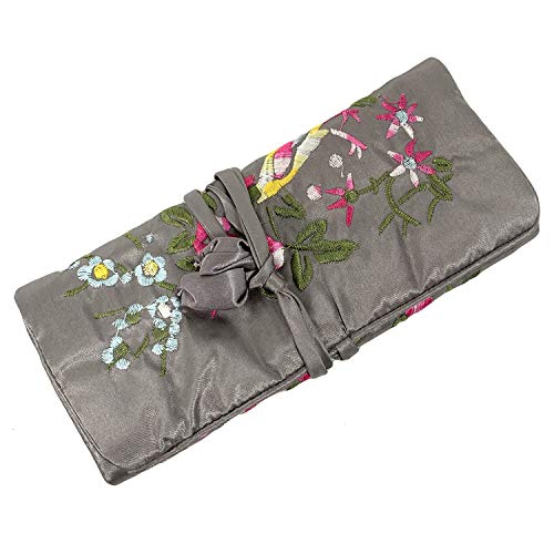 Travel Jewelry Roll Bag - Embroidered Brocade Pouch for Rings, Necklaces, Earrings, Bracelets | Lightweight & Tie Closure (Gray) - color: Gray