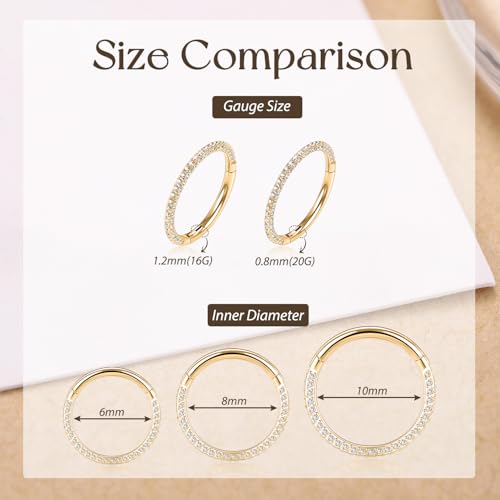 GAGABODY Septum Clicker Conch Piercing Jewelry 16 Gauge Earrings Hoop 20g Ring Nose Hoops Surgical Steel Lip Rings with 3 Sides CZ Helix Rook Cartilage Earrings - color: Style11:Gold+3 Sides CZ