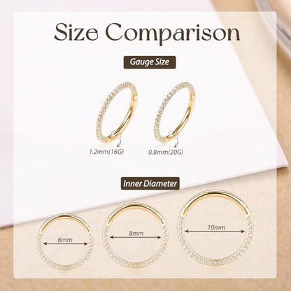 GAGABODY Septum Clicker Conch Piercing Jewelry 16 Gauge Earrings Hoop 20g Ring Nose Hoops Surgical Steel Lip Rings with 3 Sides CZ Helix Rook Cartilage Earrings - color: Style11:Gold+3 Sides CZ