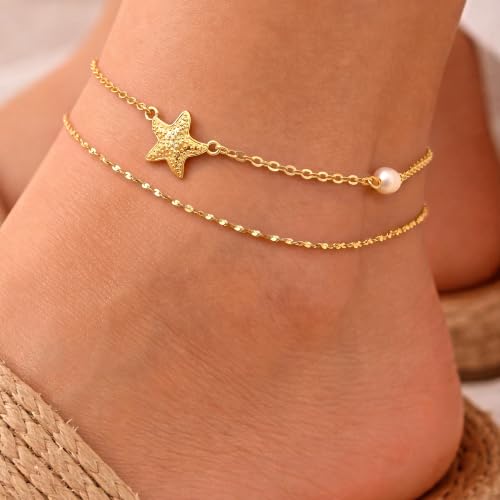 Robaice Anklets for Women, 14K Gold Plated Layered Ankle Bracelets | Waterproof Figaro Link Pearl Anklet, Ankle Bracelets for Women Stackable, Summer Beach Jewelry Gifts Non Tarnish - style: Gold Starfish Anklet