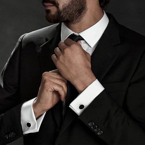 Mens Cufflinks and Tuxedo Shirt Studs Set with Gift Box - color: Silver/Black-01